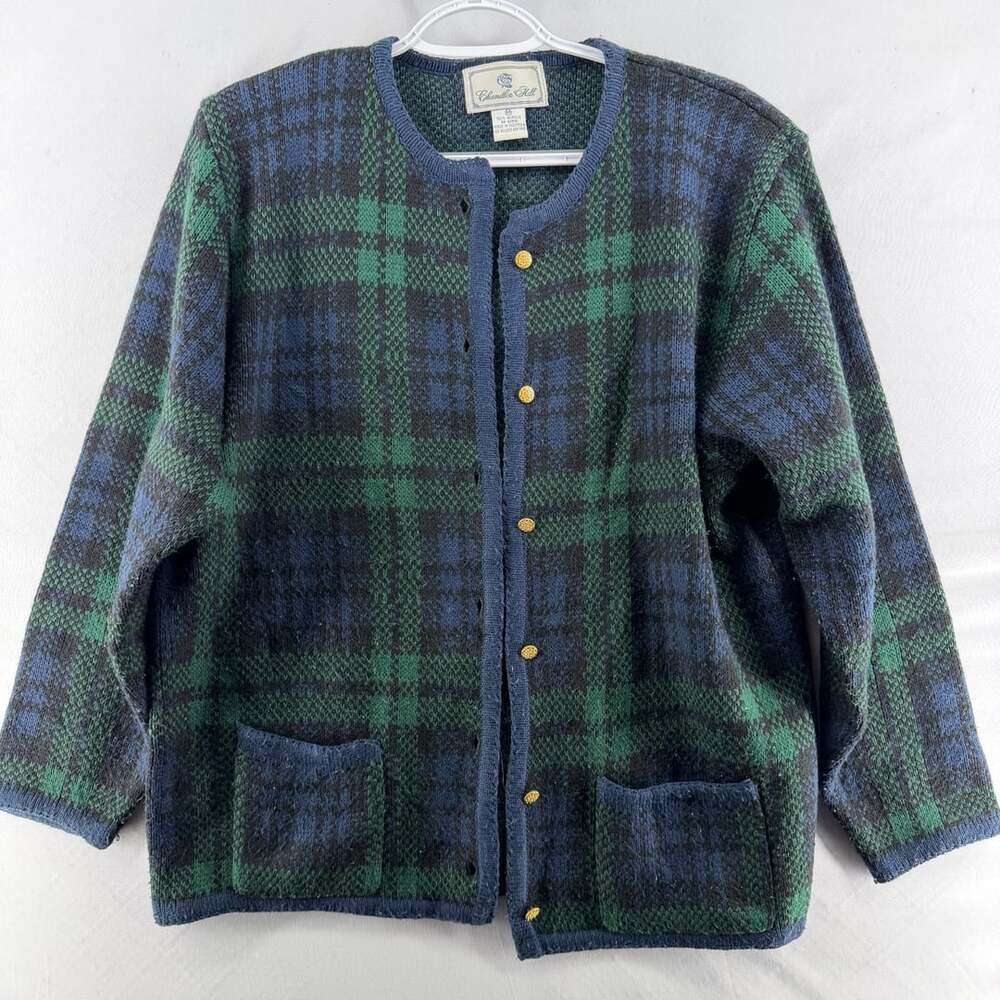 1531 Chandler Hill Cardigan Sweater Size M Green Blue Plaid